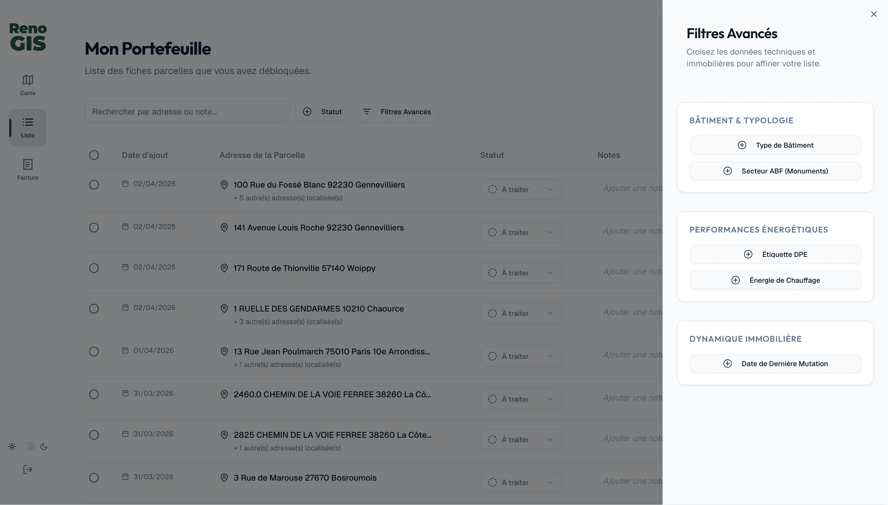 Vue Liste RenoGIS avec filtres et données tabulaires